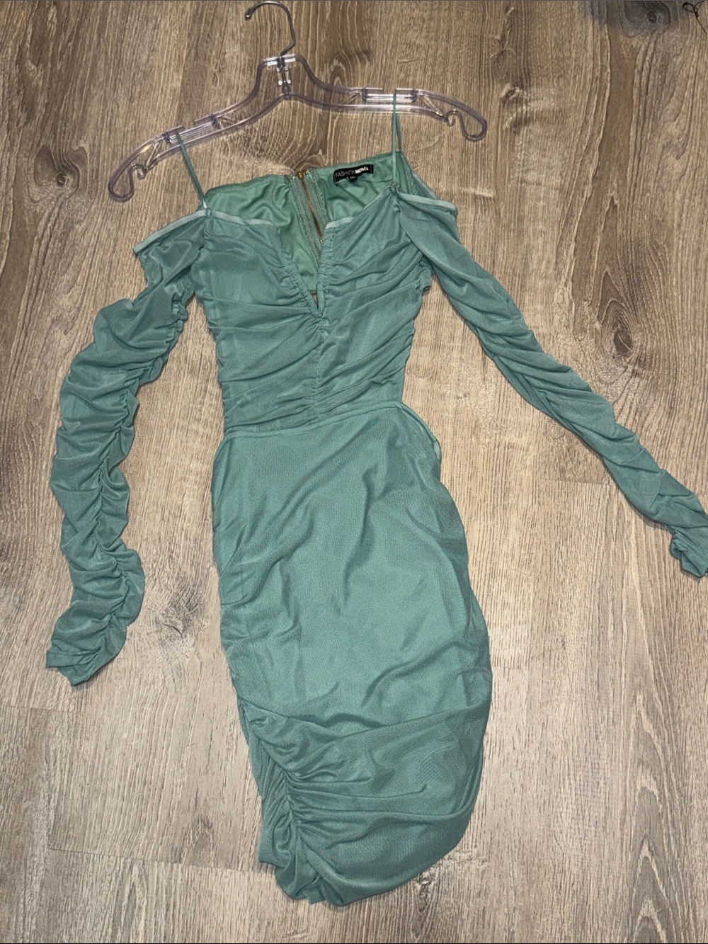 Fashion Nova Sage Green Ruched Off-Shoulder Long Sleeve Dress